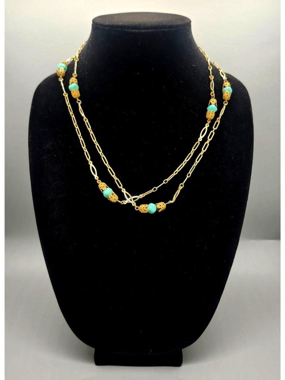 Gold-Tone Chain Necklace With Turquoise Beads And Filigree Accents Lobster Clasp